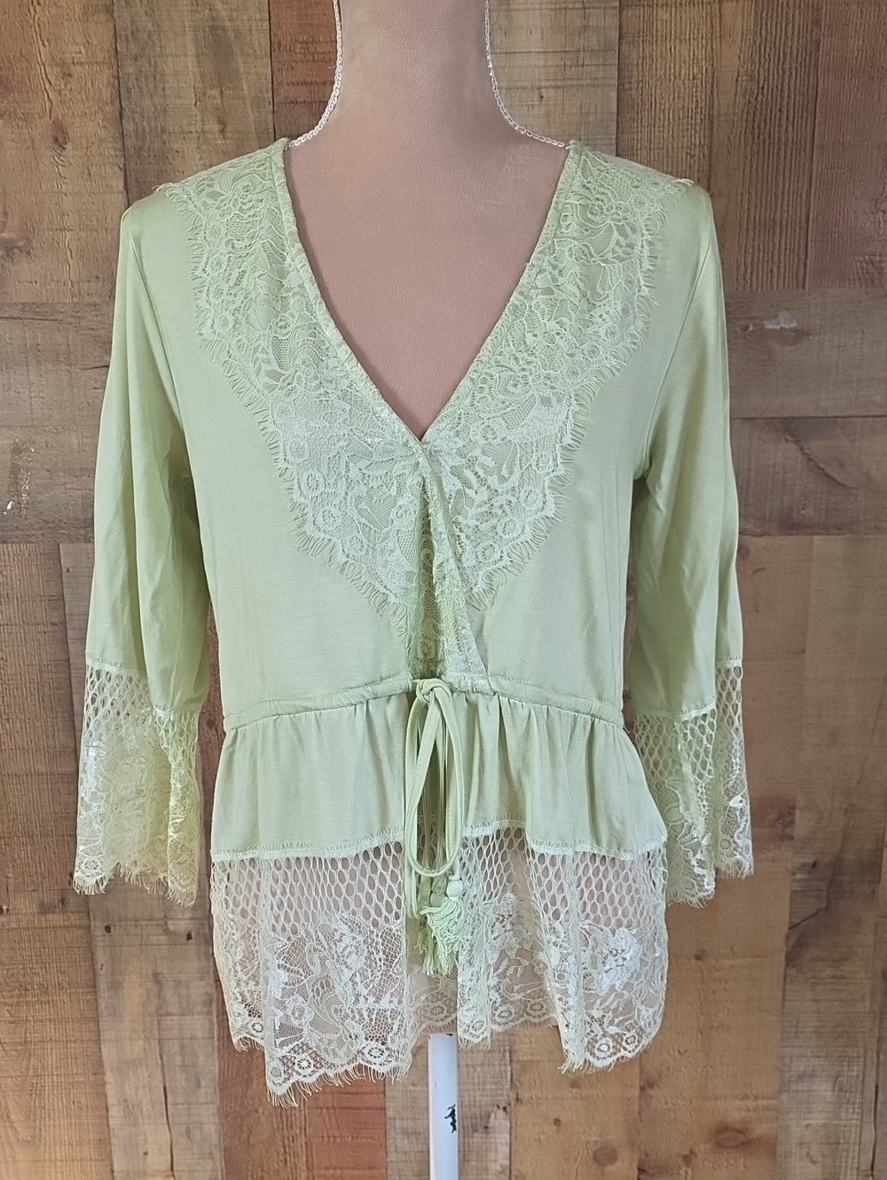 POL Lace-Trim V-Neck Peplum Top - Light Green